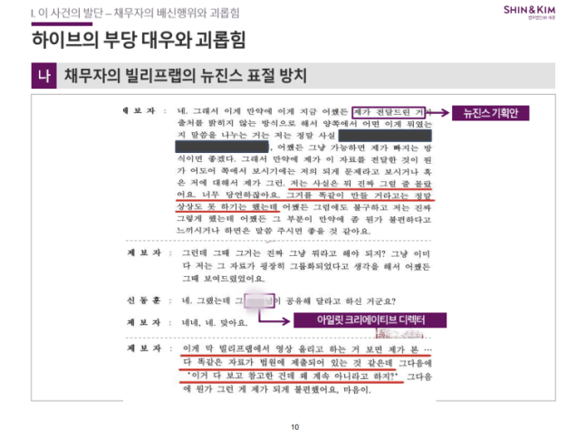Legal slide showing HYBE's Unfair Treatment and Harassment - Transcript Page 10