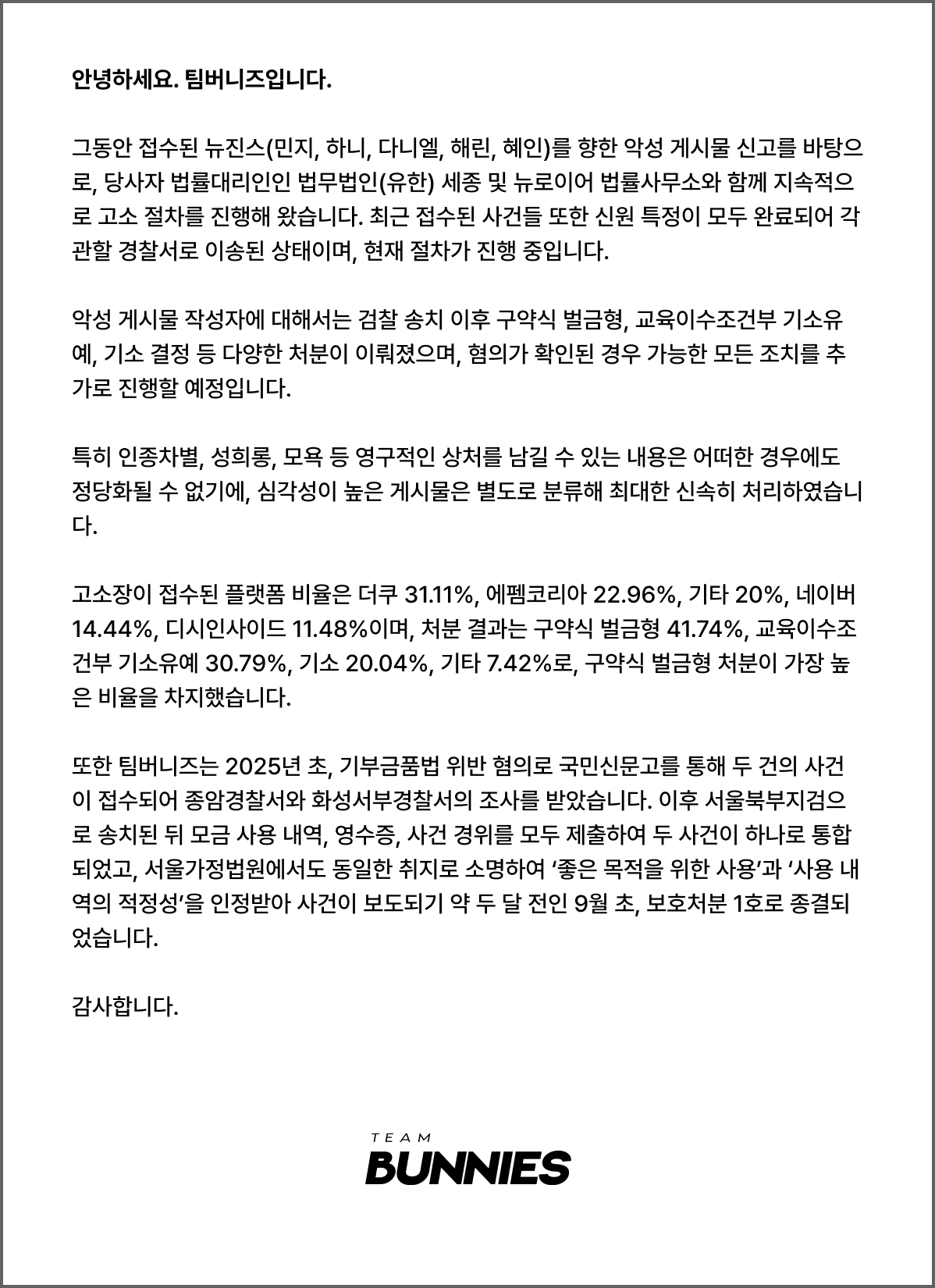 Team Bunnies Update on Legal Action Against Malicious Posts